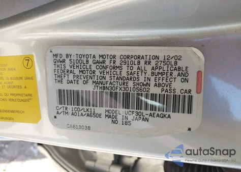 2003 Lexus Ls 430 из США, поврежденный, VIN JTHBN30FX30105602